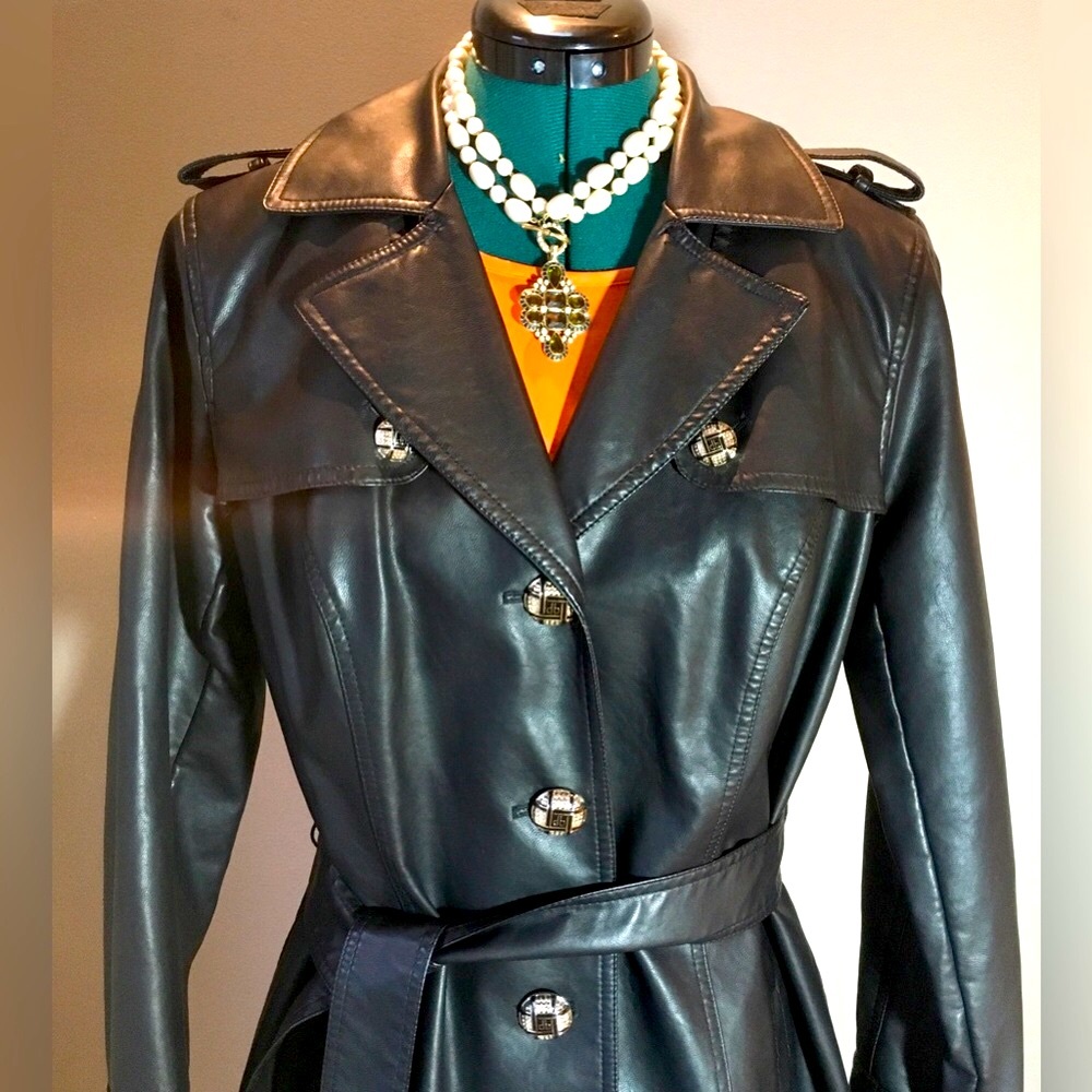 DENNIS BASSO Trench coat Black faux leather Full length Vintage SMALL a Classic - Picture 4 of 17